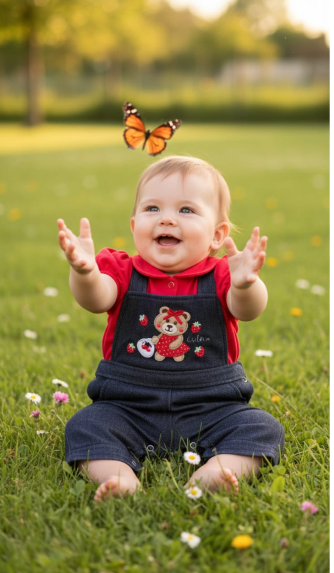 Macacão Bebê Menina Verão Ursinha Jardineira Jeans Vermelho 100% Algodão Roupa Infantil Conforto