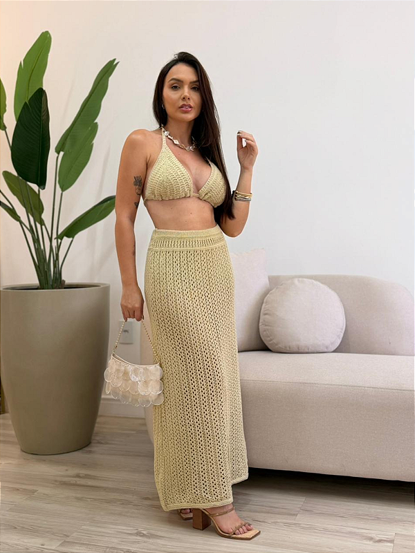 Conjunto de saia e cropped tricô Natiara