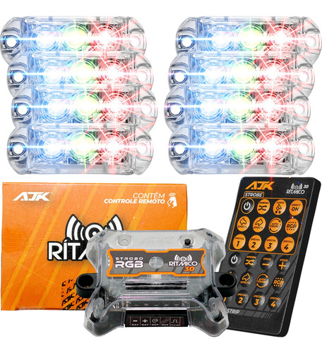 Kit Strobo Ajk Rgb 8 Faróis 8 Cores + Controle Ritimico Novo