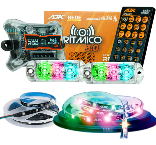 Par Leds Strobo Automotivo Ajk Rgb 3.0 Novo + Fita Led 2.5mt