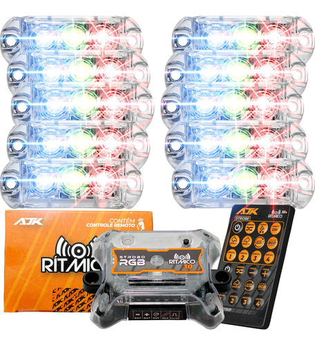 Strobo Automotivo Car Ajk 10 Faróis Rgb Com Controle Rítmico