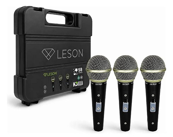 Kit 3 Microfones Profissional LeSon Sm58 K3 Preto Com Maleta Preto