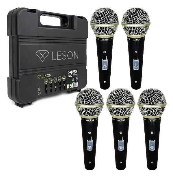 Kit 5 Microfones Profissional LeSon Sm58 K5 Cardioide Maleta Preto