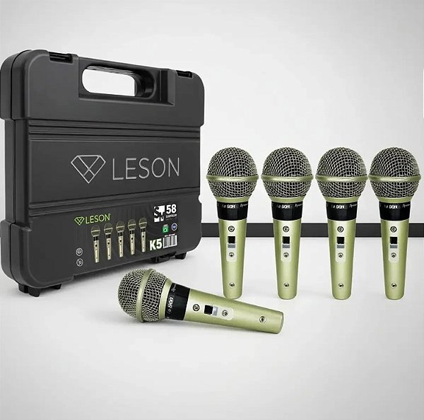 Kit 5 Microfones Profissional LeSon Sm58 K5 Champanhe Com Maleta