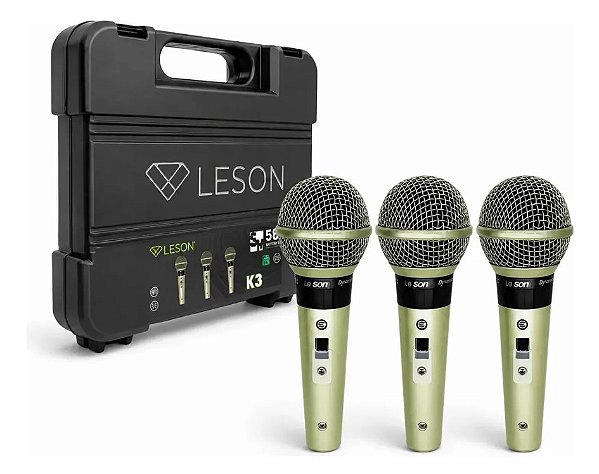 Kit 3 Microfones Profissional LeSon Sm58 K3 Com Maleta Champanhe