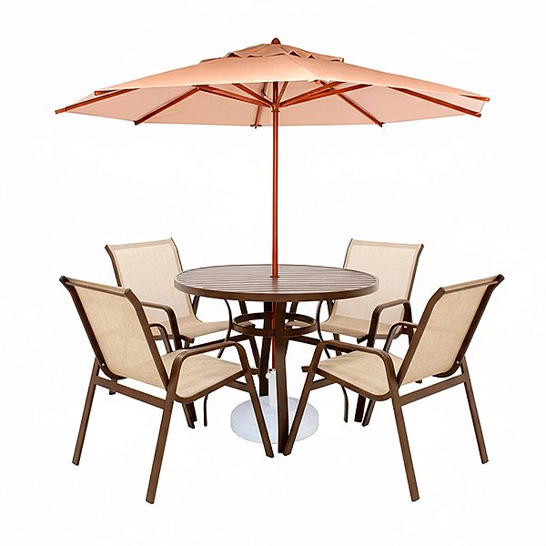 Conjunto de mesa Lótus Mesa Ripada com 4 Poltronas e Ombrelone