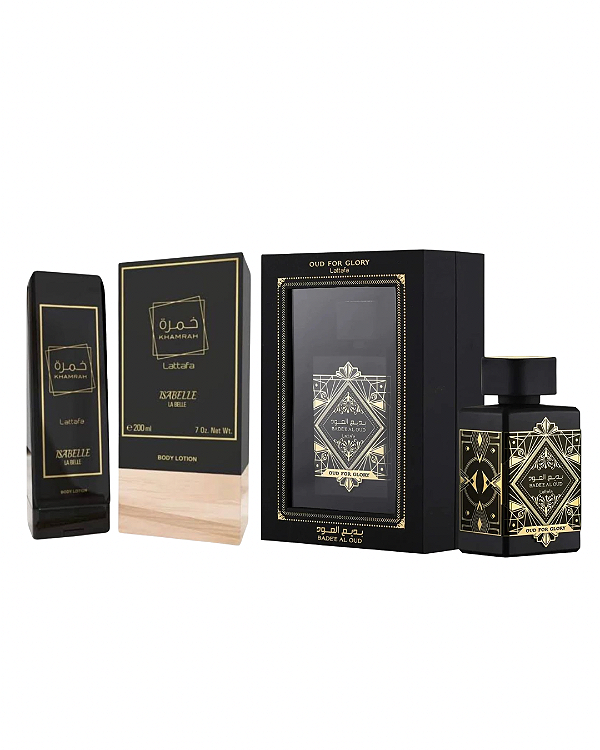 Combo Oud For Glory Lattafa Eau de Parfum - 100ml - Masculino + Khamrah Isabelle Hidratante - 200ml - Masculino