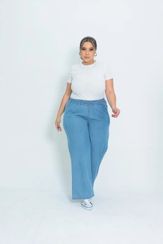 Calça Pantalona Wide Leg Jeans Feminina Lavagem Clara