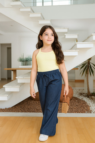 Calça Pantalona Wide Leg Escura Com Elástico Infantojuvenil