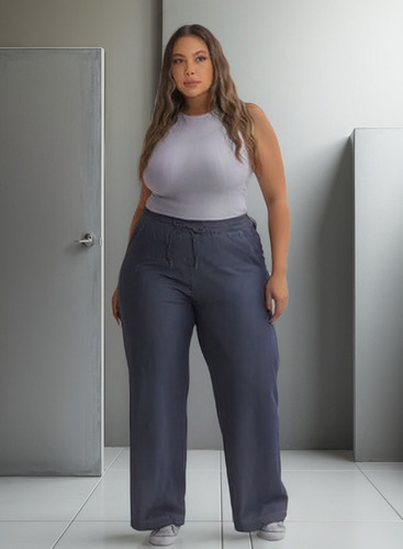 Calca Wide Leg Pantalona Jeans Com Elástico Na Cintura