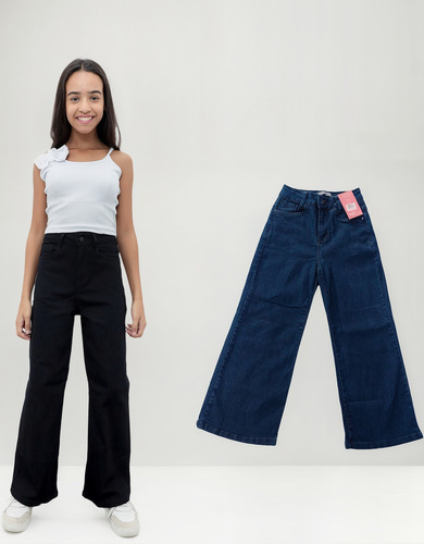 Kit 2peças Calças Jeans Wide Leg Preta E Azul Menina Juvenil