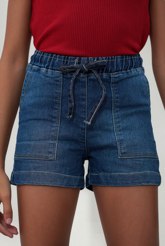 Shorts Feminino Juvenil Jeans Com Elástico Cintura Alta