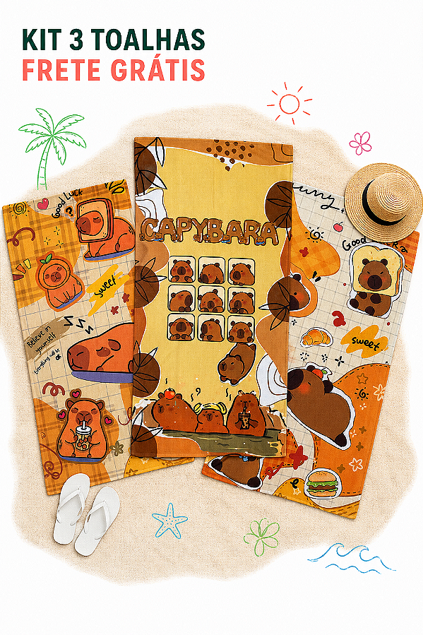 Kit 3 Toalhas de Praia Capivara 70x140 cm