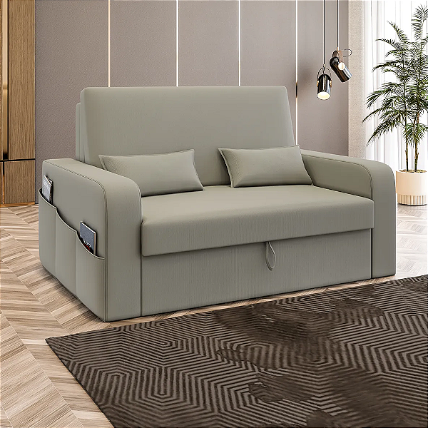 Sofá-cama Bethoven Reclinável Com Baú 2 Lugares Em Veludo Bege