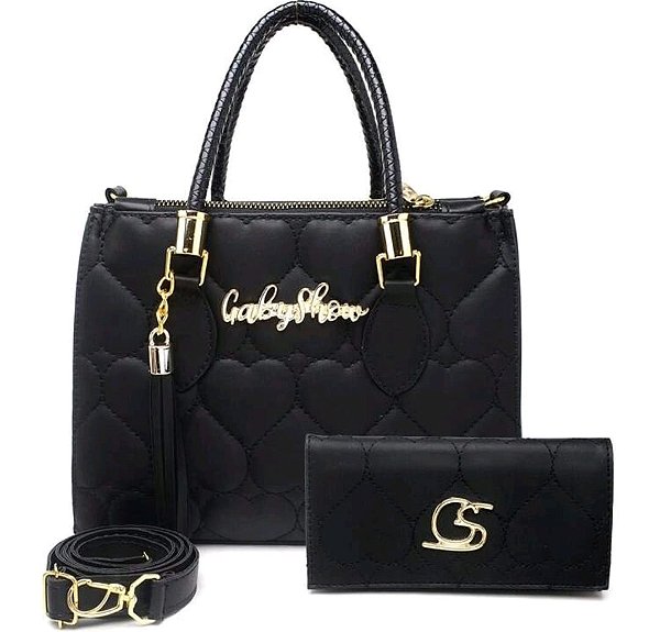 Kit Bolsa Feminina Coração Moderna Bordada + Carteira