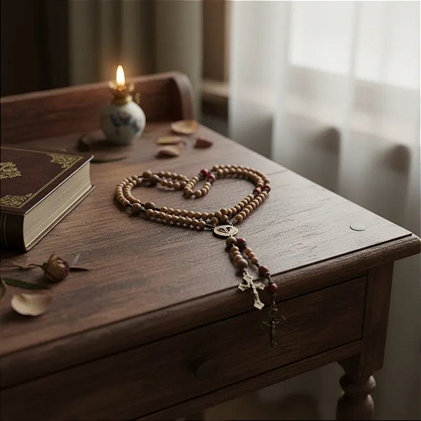 Terço do Casal Madeira 43cm Duplo Coração