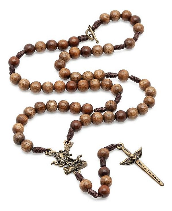 Colar Terço De Pescoço São Miguel Madeira Ouro Velho 8mm Tri Marrom