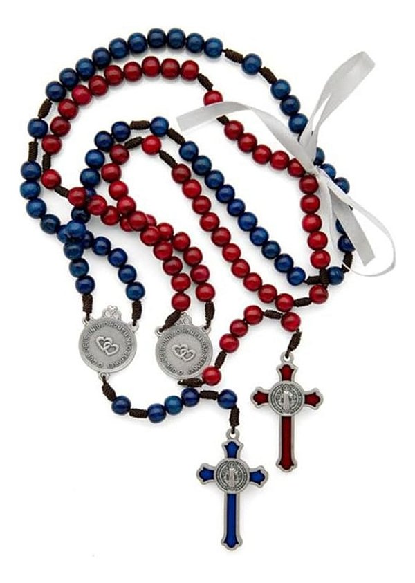 Terço Do Casal Madeira Vermelha E Azul 8mm Sagrada Família