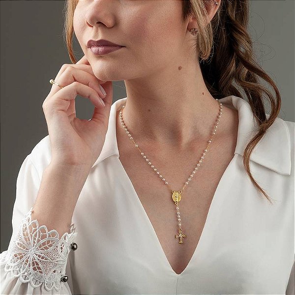 Colar Terço Pérola 3mm Dourado E Vidrinho