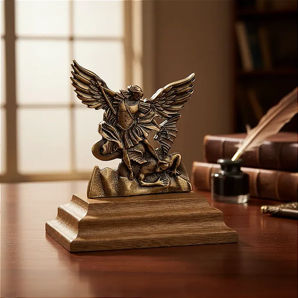 Adorno De Mesa São Miguel Arcanjo Pedestal De Madeira Pequeno