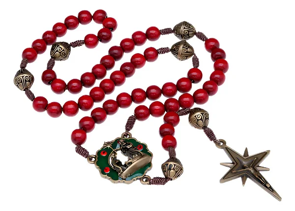 Terço Madeira Natal Vermelho Guirlanda Contas 8mm