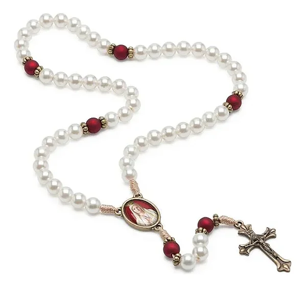 Terço Pérola Nossa Senhora De Fátima 35cm Perola / Vermelho