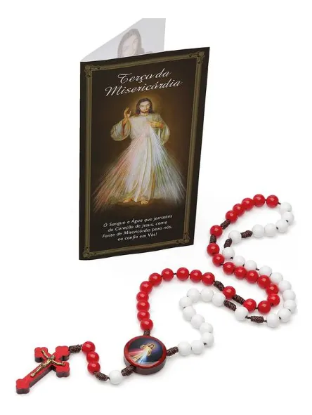 Terço Da Divina Misericórdia 8mm Bran/verm Cordão E Folheto Vermelho E Branco