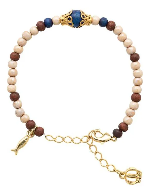 Pulseira Mariana Nossa Senhora Aparecida 4mm Peixe Coroa Marrom Azul E Dourado