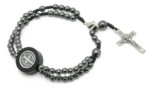 Pulseira Hematita Medalha De São Bento Com Cruz Regulavel Hematita 23 Cm