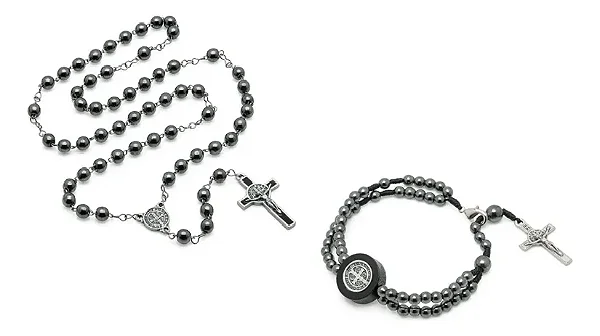 Conjunto De Terço E Pulseira De São Bento Pedra Hematita Hematita