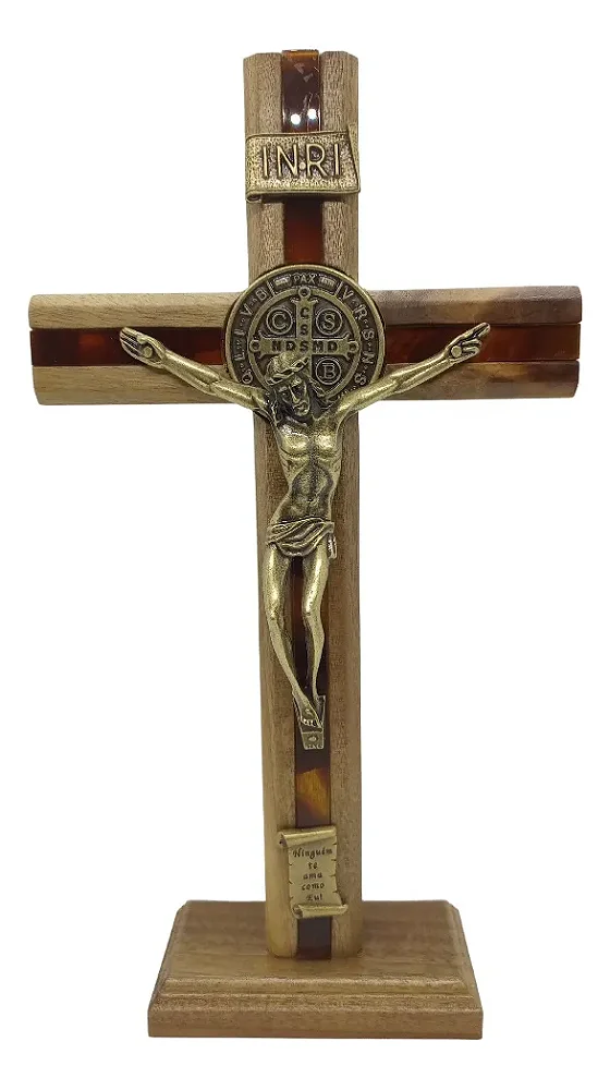 Crucifixo Mesa Madeira Frisada Cristo Metal 26cm São Bento