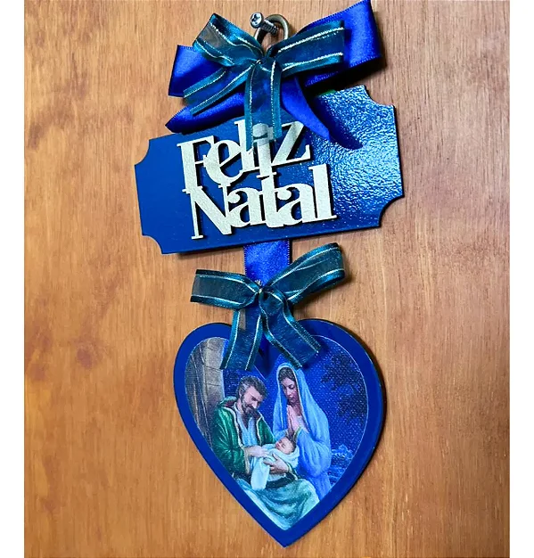Adorno De Porta Coração Azul Feliz Natal Sagrada Familia Azul