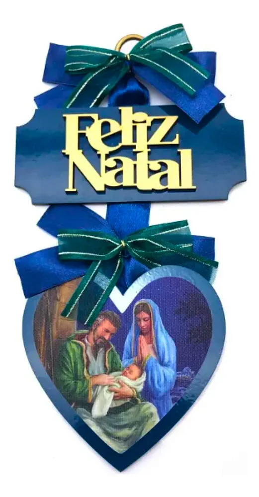 Adorno De Porta Coração Azul Feliz Natal Sagrada Familia Azul