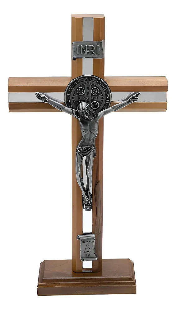 Crucifixo Madeira Frisada 26cm São Bento Espelhado Mesa Parede