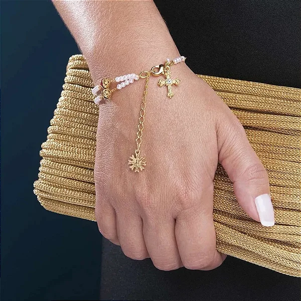 Pulseira Terço Dourado Pérola Strass Delicada Vidrinho Pérola 22 Cm