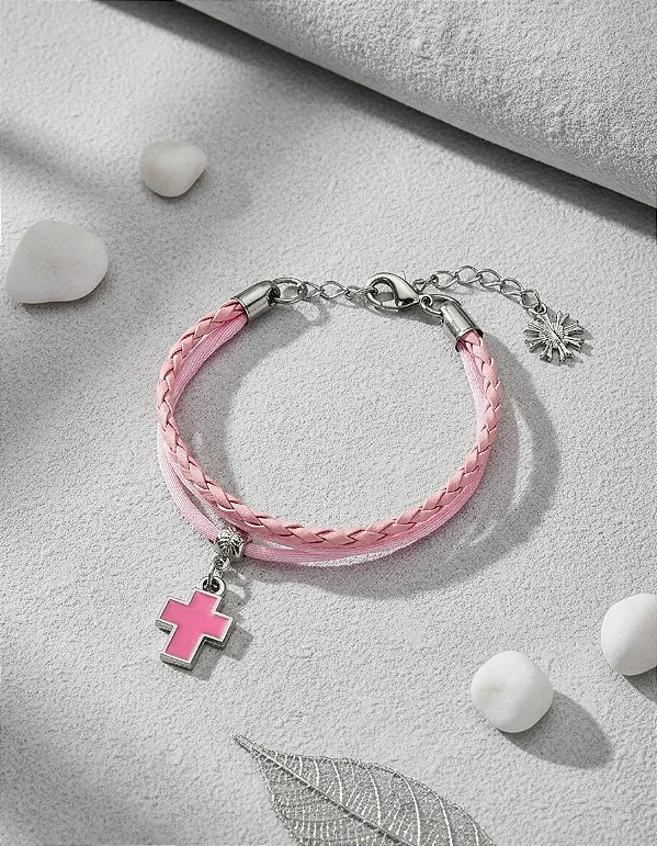 Pulseira Infantil Cordões Rosa Cruz Resinada Medalha Rosa 20 Cm 20 Cm