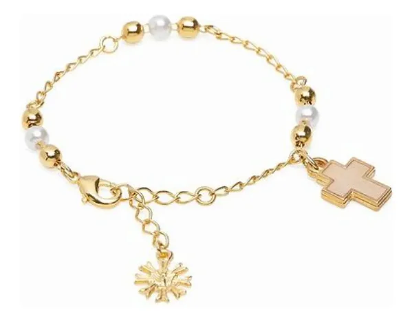 Pulseira Infantil Dourada Com Pérolas E Cruz Resinada