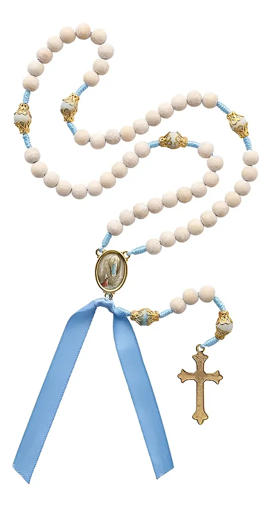 Terço Madeira Branca Cordão Azul Claro 8mm N Sra Lourdes