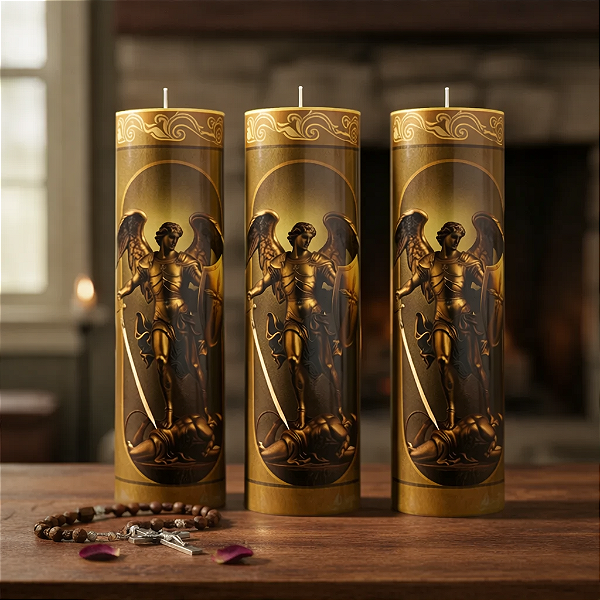 Vela Votiva 272g São Miguel Arcanjo - 03 Unidades Dourado