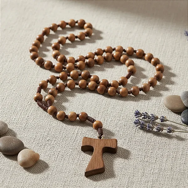 Terço Tau Franciscano Madeira Imbuia No Cordão 8 Mm