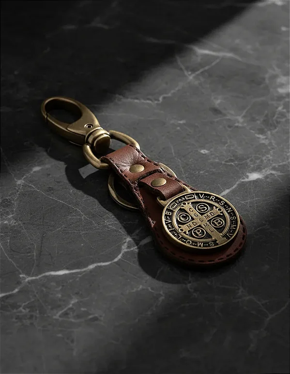 Chaveiro Couro Luxo Medalha São Bento Mosquetão Ouro Velho Marrom