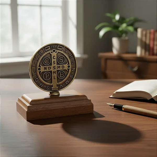 Adorno Mesa Medalha São Bento Metal E Pedestal Madeira 6,2cm