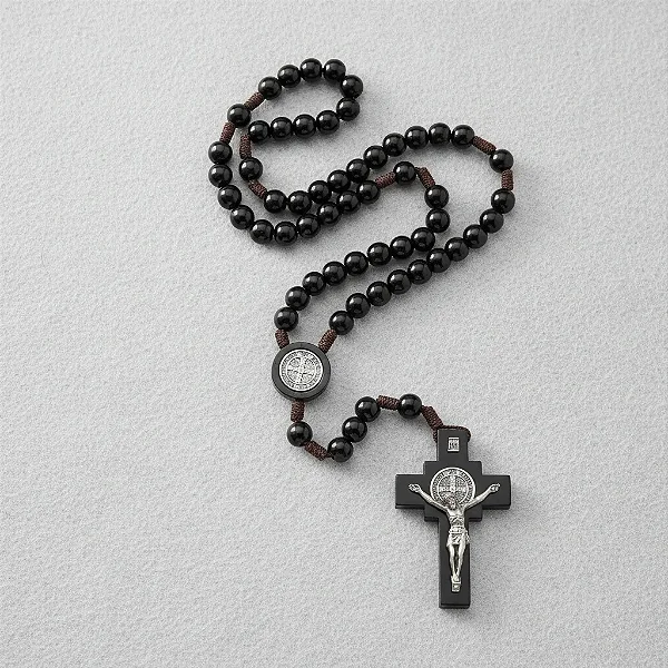 Terço Madeira Preta 10mm Medalha São Bento Cordão Marrom