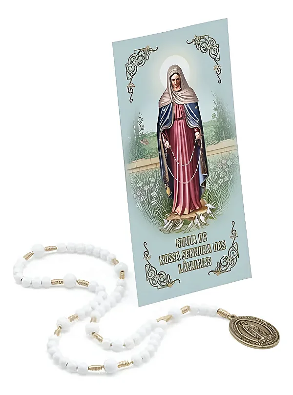 Terço Coroa Nossa Senhora Das Lágrimas Contas Brancas - 29cm