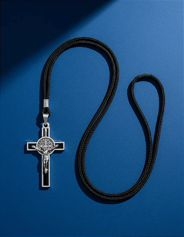Colar Cordão Cruz Crucifixo (5cm) São Bento - Metal 40cm Preto