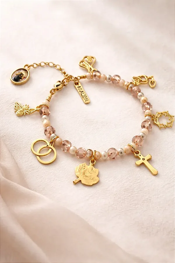 Pulseira História De Santa Rita De Cássia Medalhas Douradas Rose