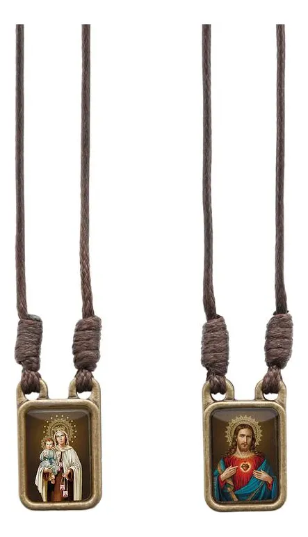 Escapulário Metal Ouro Velho Nossa Sra Do Carmo Cordão 39cm Cordão Marrom