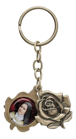 Chaveiro Rosa Santa Teresinha Metal Imagem Resinada Ouro Velho