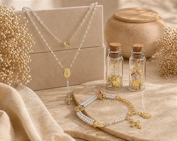 Conjunto Terço E Pulseira Strass Perola Dourado Com Vidrinho