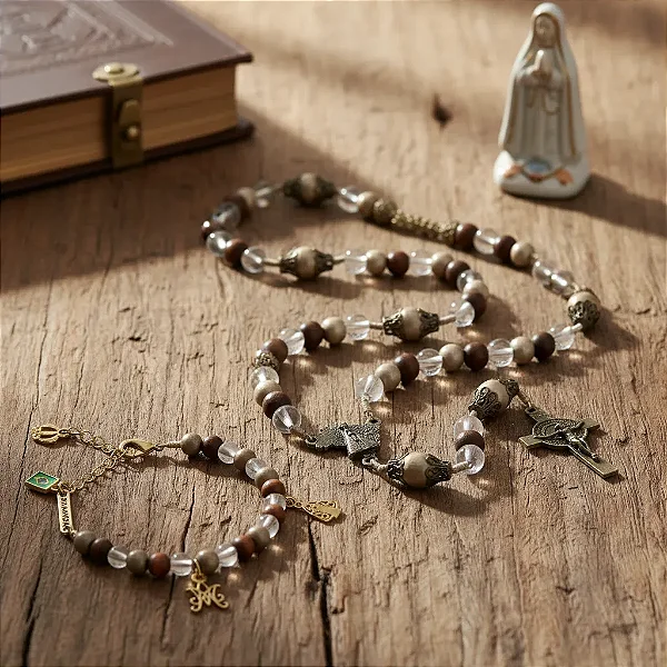 Kit Terço Pulseira Nossa Senhora Aparecida Madeira 8mm E 6mm